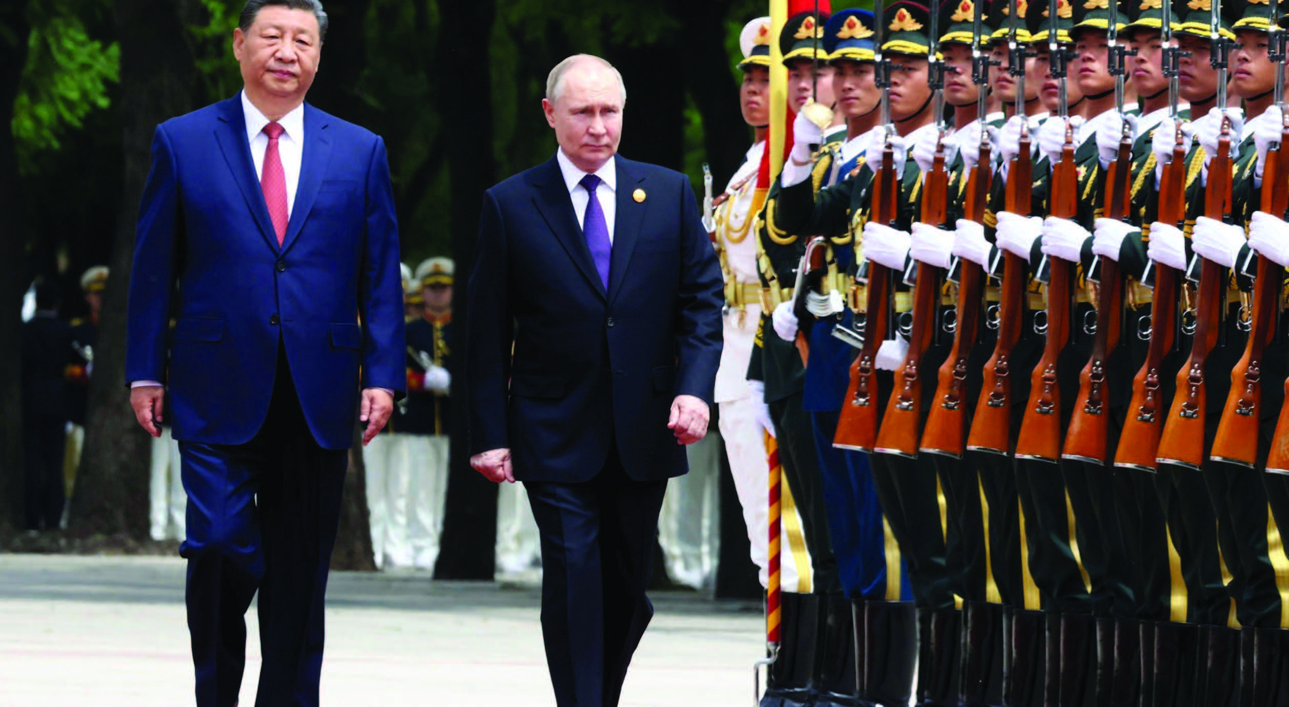 Russian President Vladimir Putin is escorted by Chinese President Xi Jinping during honor guard review at formal arrival ceremony outside
Great Hall of the People, May 16, 2024, in Beijing, China (Kremlin Pool/Russian Presential Press Service/Alamy Live News)